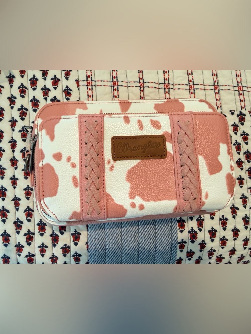 Wrangler Pink and White Cow Print Crossbody Phone Pouch